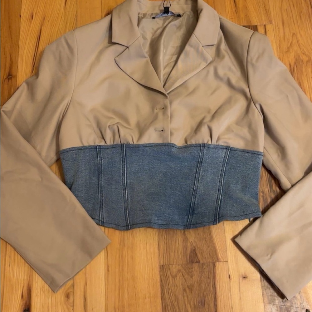 Chic Beige and Denim Women's Blouse